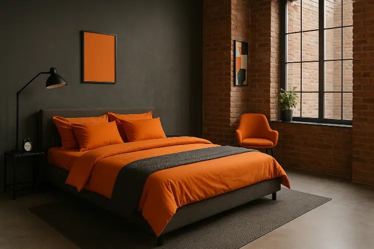 Kamar Industrial dengan Aksen Orange Terang